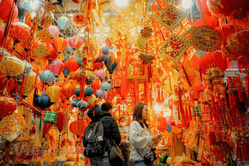 Hanoi's Hang Ma Street dyed red ahead Tet festival