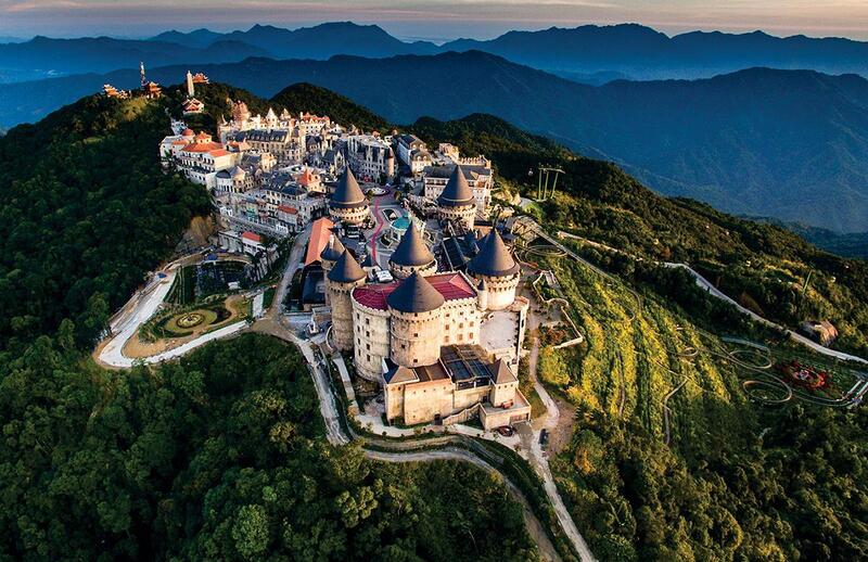 Panoramic aerial view of Ba Na Hills French Village in Da Nang