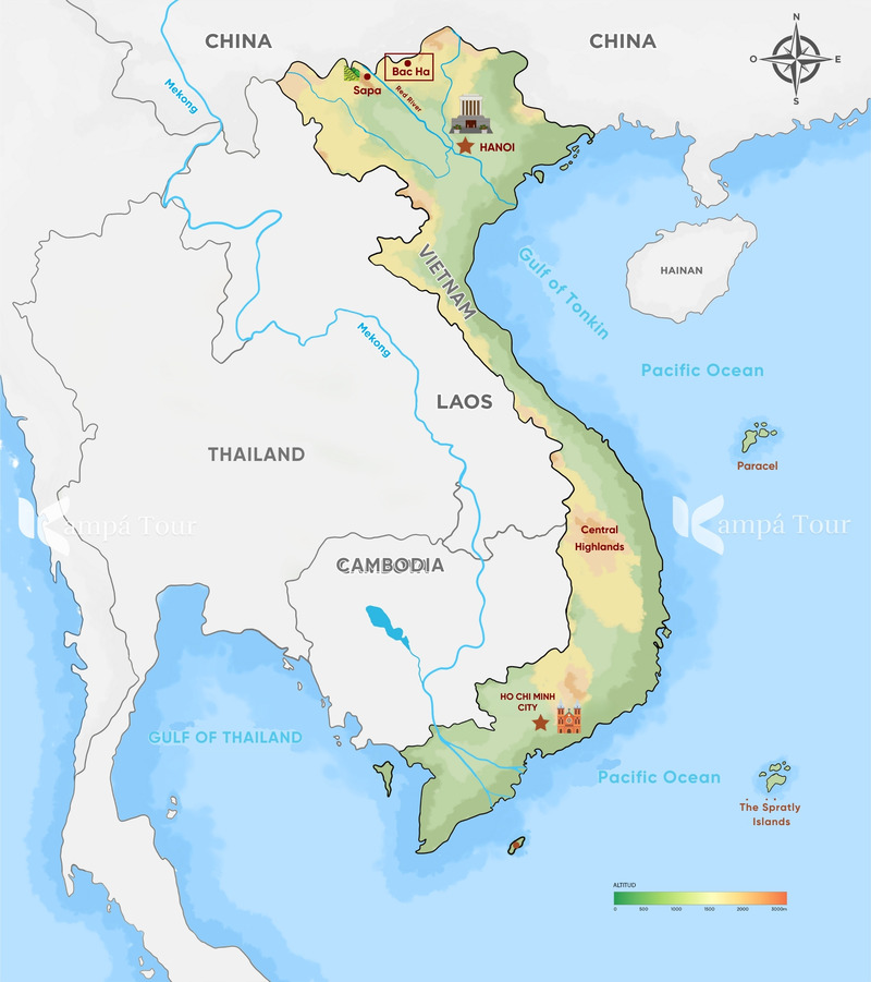Map showing Bac Ha location between Hanoi, Sapa, and Ha Giang