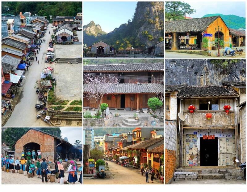 Collection of traditional houses and market scenes in Dong Van Old Quarter, a cultural highlight of the Ha Giang Loop Vietnam