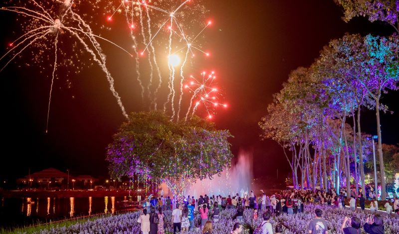 A fireworks display lights up the night sky of Chiang Mai