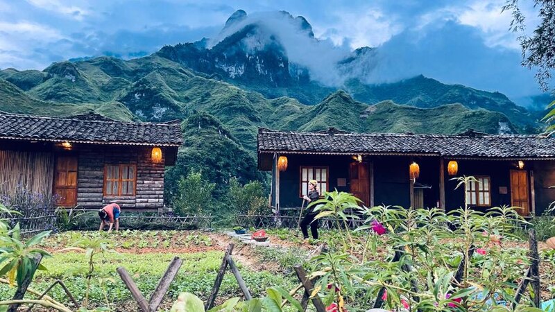 A serene view of traditional homes in Ha Giang, surrounded by lush greenery and towering mountains, showcasing the peaceful rural life in the Ha Giang Loop.